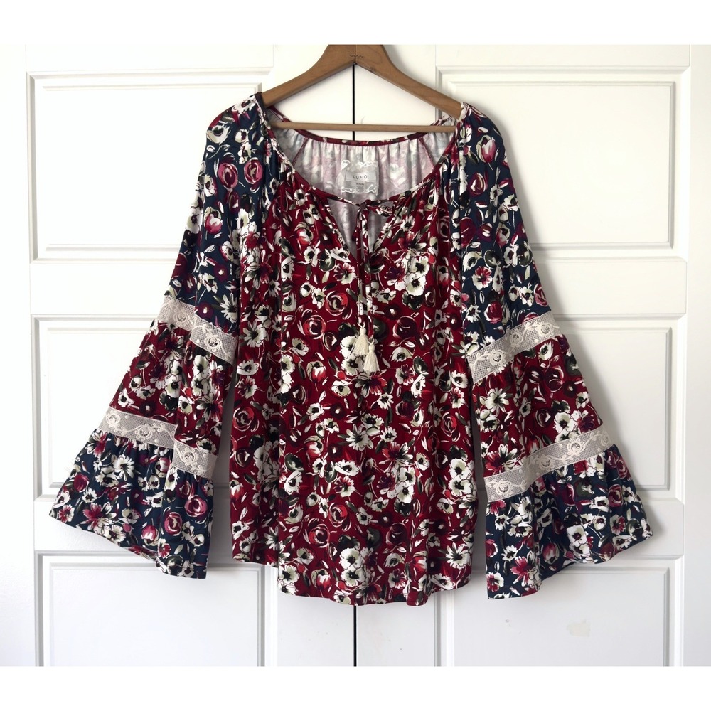 Cupio Boho Floral Tunic Top XL Dark Red Bell Sleeves Tiered Lace Whimsy Cottage